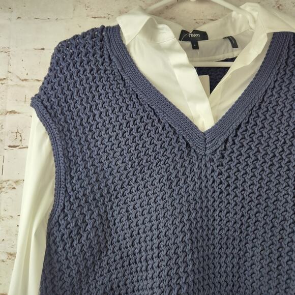Theory Woven Combo Vest Shirt in Navy & White Size Large NWT Sweater - Picture 4 of 12